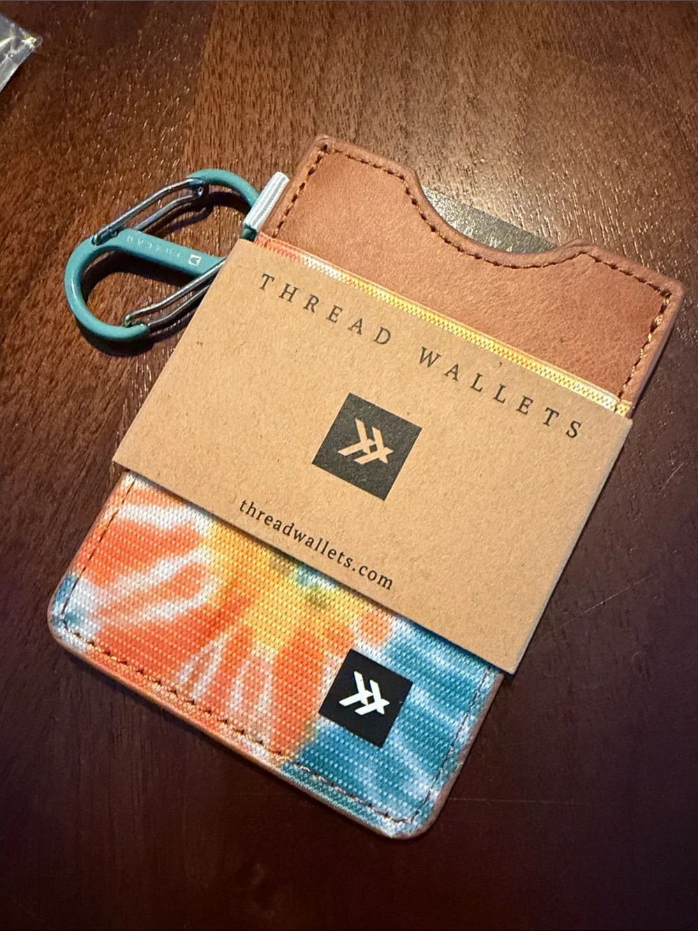 Kavu Tie-Dye Orange Blue Thread Wallet Card Holder with Teal Hardware